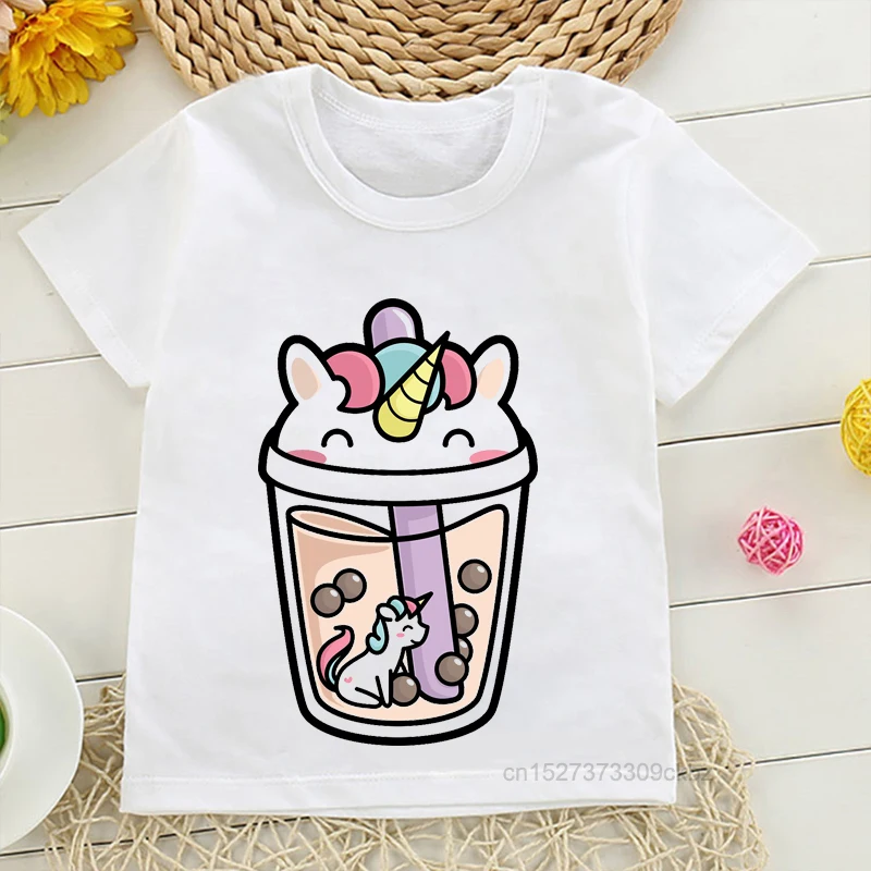 

Kids T-shirt Bubble Tea With Cute Kawaii Unicorn Inside Print Baby Boy Funny Short Sleeve Girl Tops Children White Tee Shirt