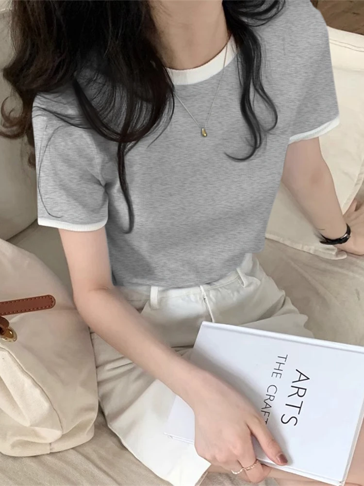 Slimming Short Sleeve round Neck T-Shirt Women's Fashion Korean Design Spring Summer Cotton High Waist Shoulder Length T-Shirt