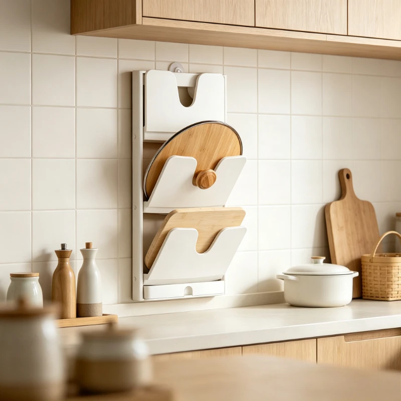 Foldable Wall Mounted Pot & Cutting Board Rack, No-Drill Large Capacity Kitchen Storage Shelf, Easy-Clean Anti-Drop Organizer