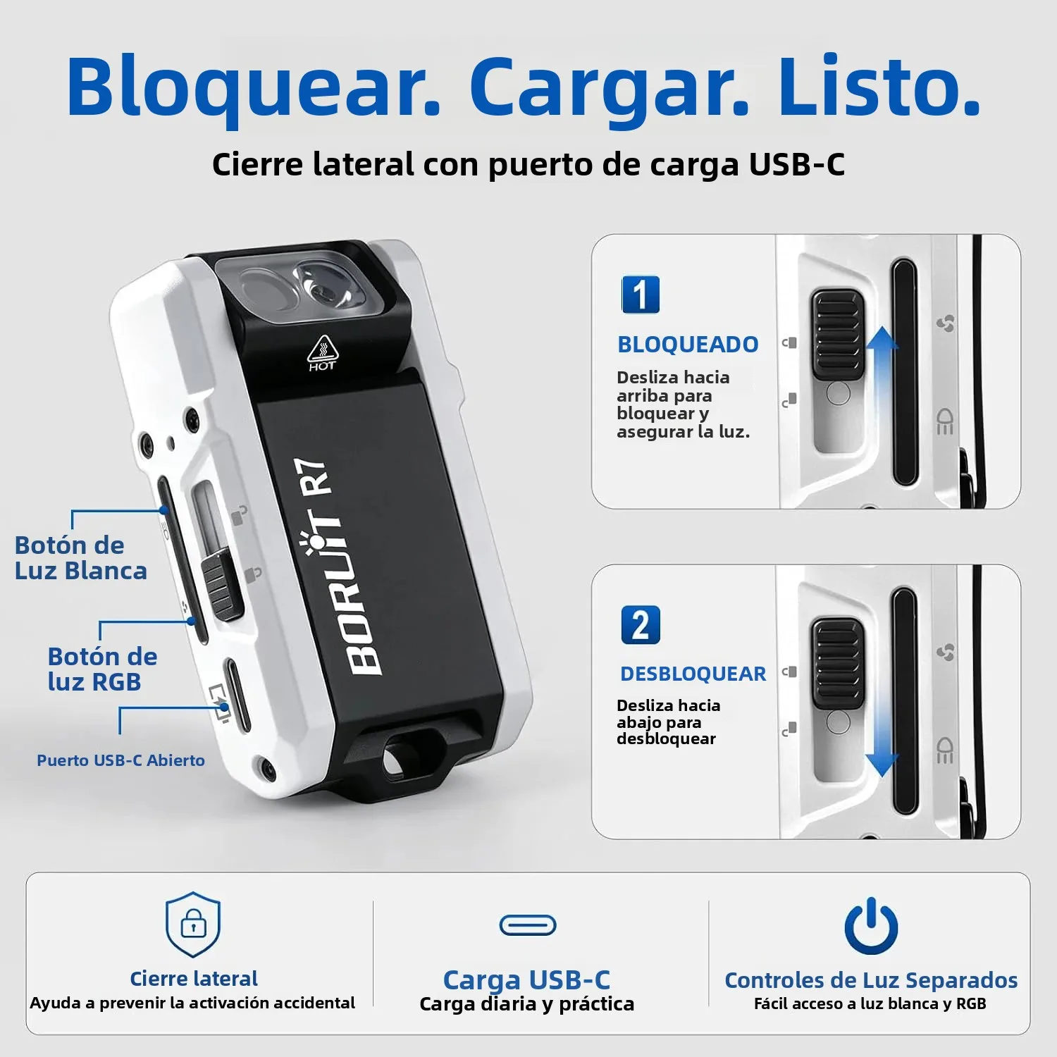 Linterna BORUiT R7 de 800 lúmenes, multicolor, con carga tipo C, llavero, imán, resistente al agua, para camping, hogar y emergencias.