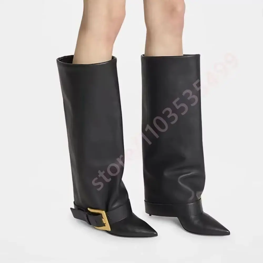 

Pointed Stiletto Belt Buckle Trouser Boots Autumn New Sexy Women Fashion Party Casual Boots Leopard Print Knee-High Boots