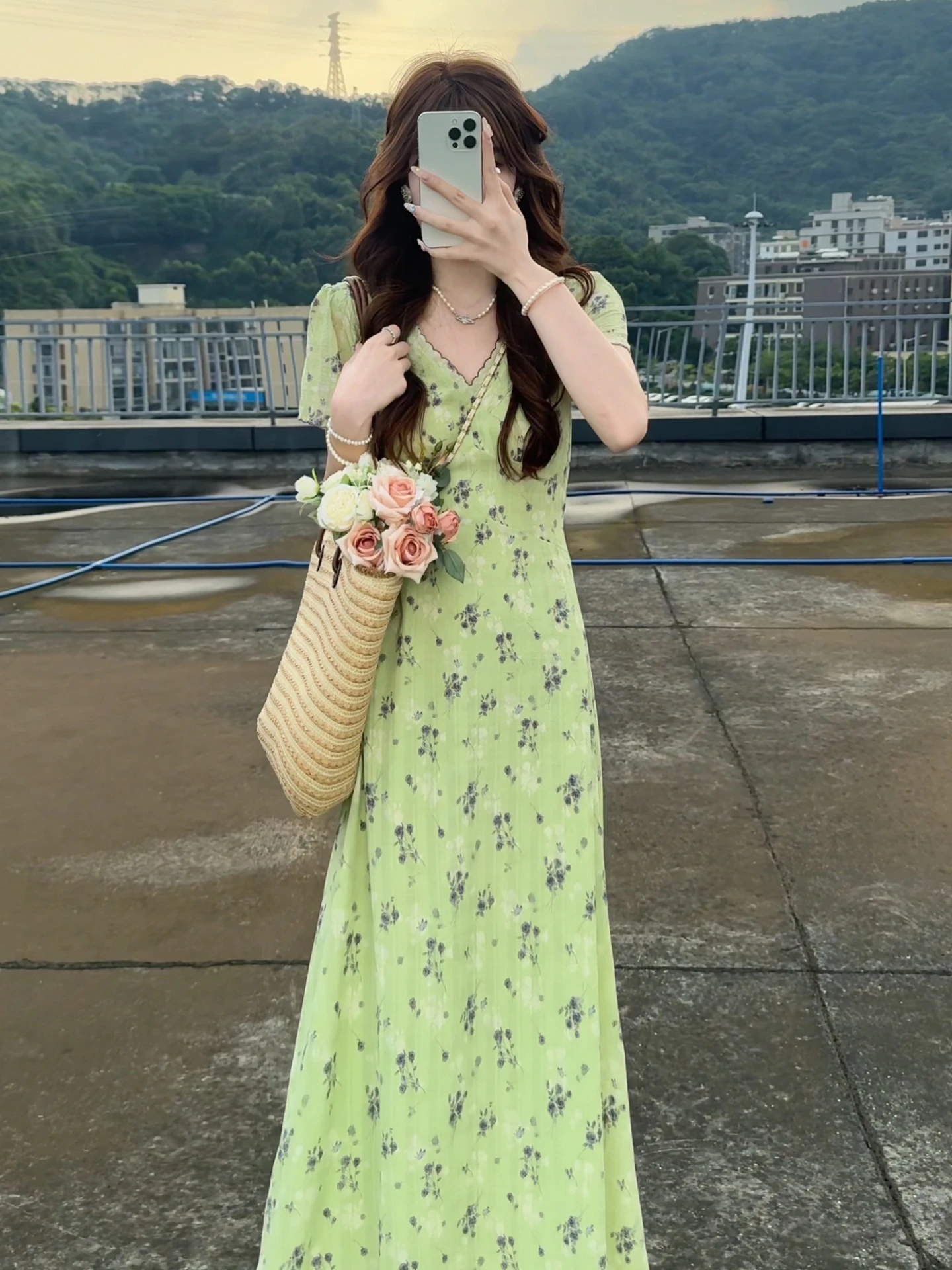 een Floral Print V-Ne Dr Women's Summer New Sle Beautiful A-Line Skirt ort Sve High Waist Sweet Sle Dr.