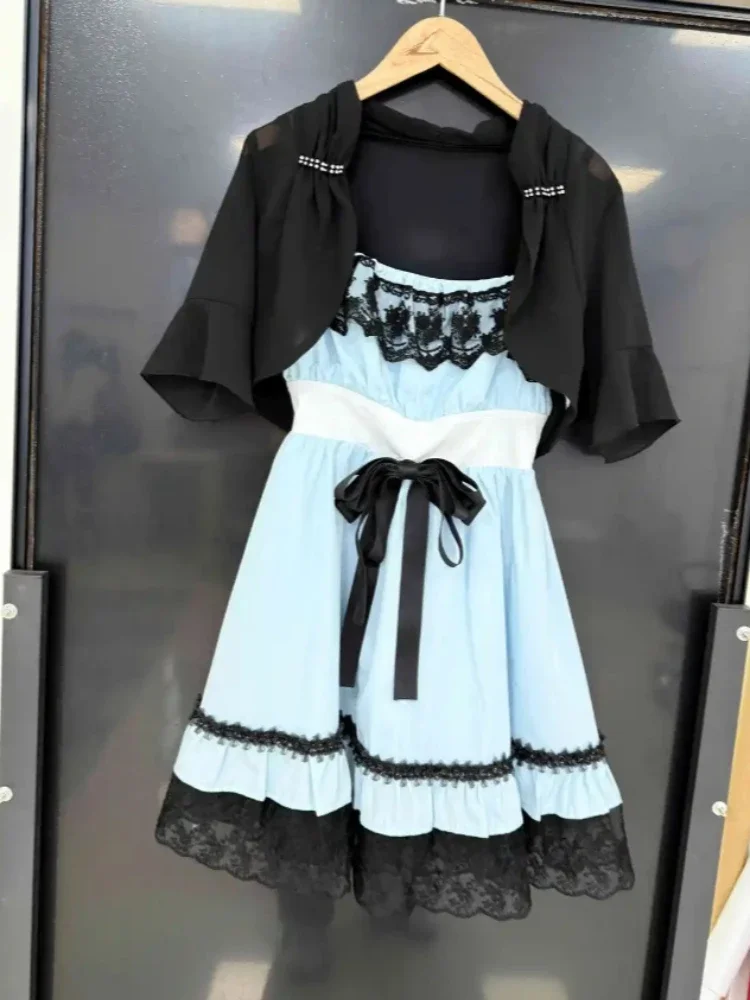 IMU Gothic Lolita Harajuku Summer Black Blue Lace Ruffle Bow Tiered 2 Piece Set Mini Slip Dress Shrug Women Girls Cosplay Party