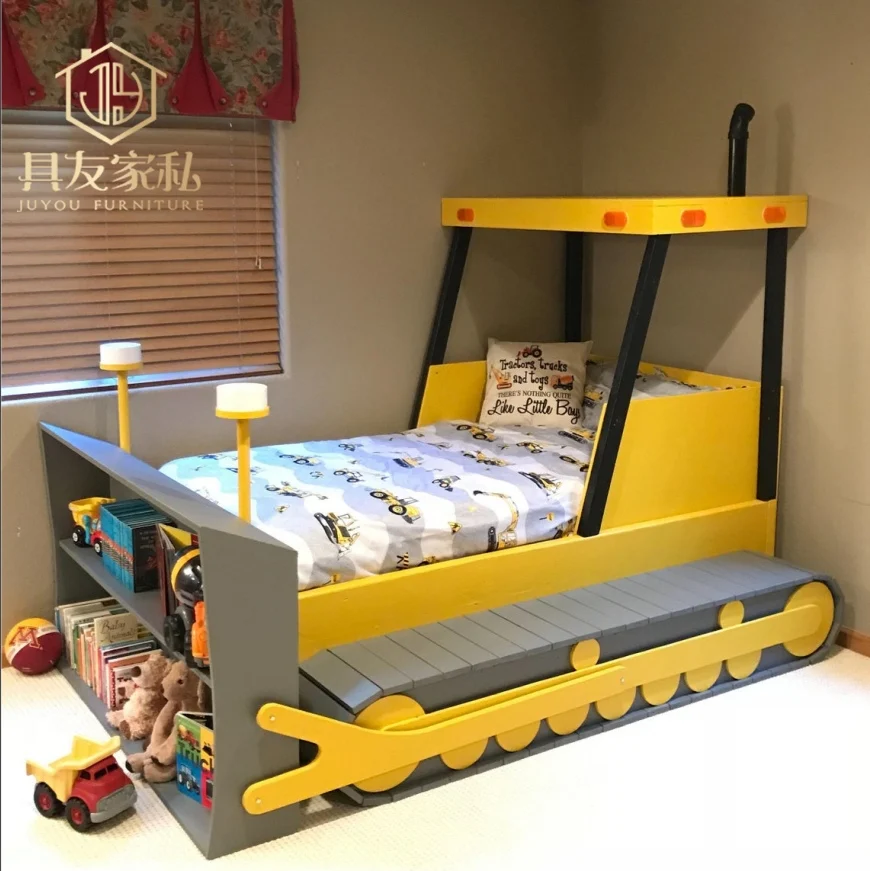 Creative Children's Solid Wood Cartoon Bed for Car Bulldozer