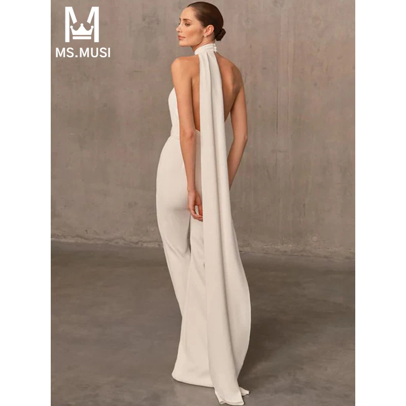 

MSMUSI 2024 New Fashion Women Sexy Solid Slim Halter Sleeveless Backless Bodycon Party Club Flare Pant Lady Jumpsuit With Belt