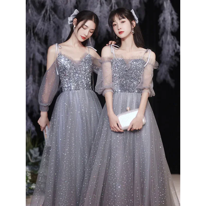 

Gray Spaghetti Strap Off-the Shoulder Women Appliques Bridesmaid Dress Fashion Lantern Short Sleeve Starry Lace Up Dress