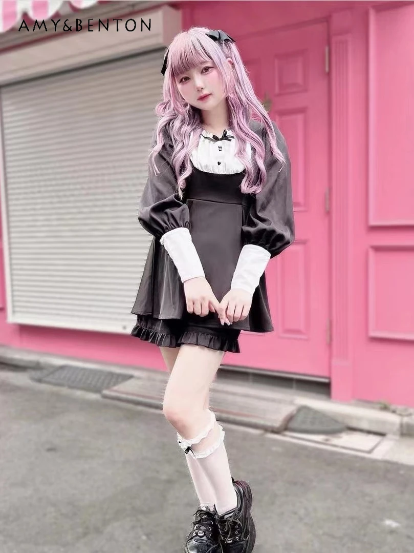 

Autumn New Japanese Kawaii Heart Button Bow Shorts Dress Sets Mine Round Neck Lantern Sleep Solid Color Slim Two-Piece Suit