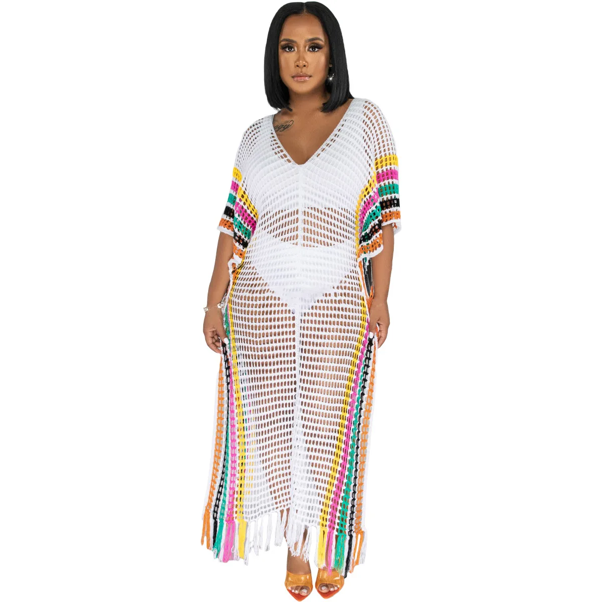 2023 New Crochet Hollow Out Tassel Bikini Cover Up Sexy Kimono Boho Beach Long Maxi Dress Loose Kaftan Tunic Swimsuit Cover-ups