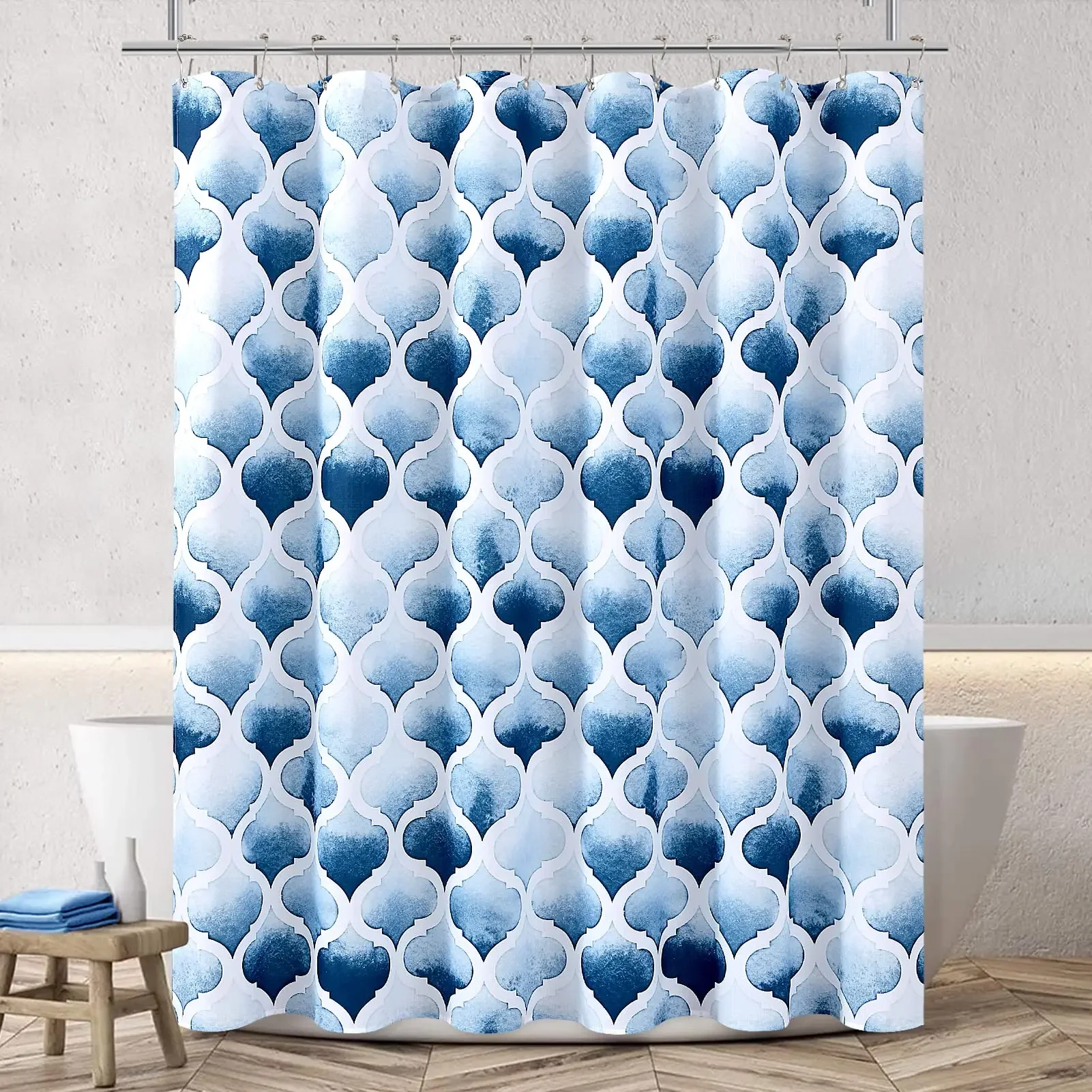 Moroccan Shower Curtain Blue Watercolor Geometric Quatrefoil Shower Curtains for Bathroom Retro Texture Fabric Bathroom Curtain