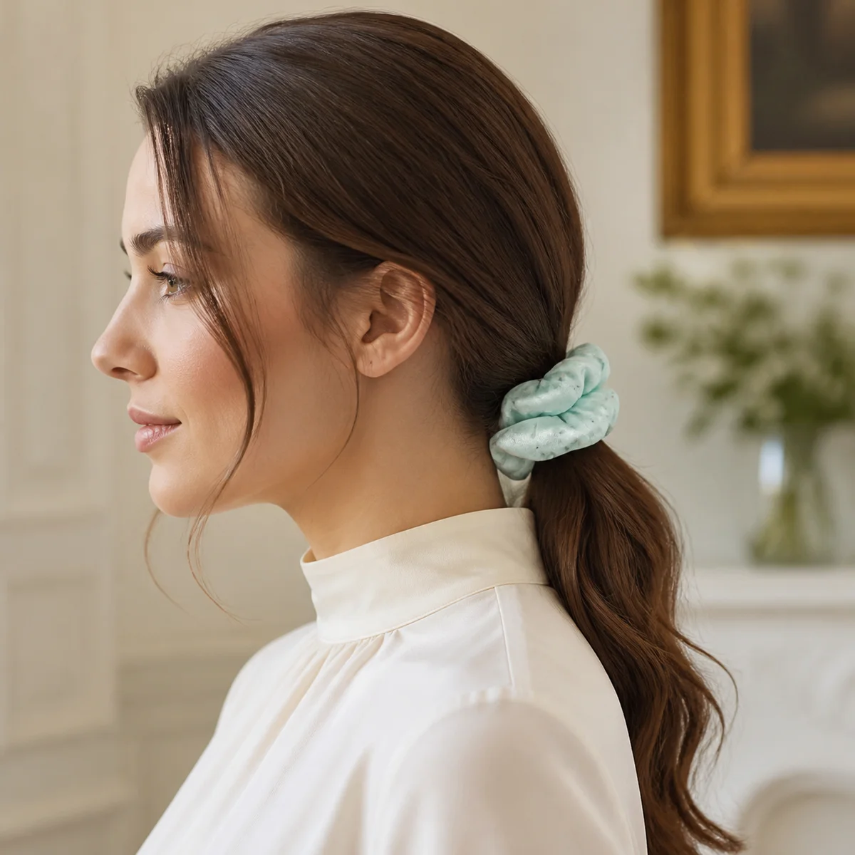 Pale Icy Mint Blue Silver Dot Satin-Like Single-Layer Hair Scrunchie for Ponytails and Buns 2
