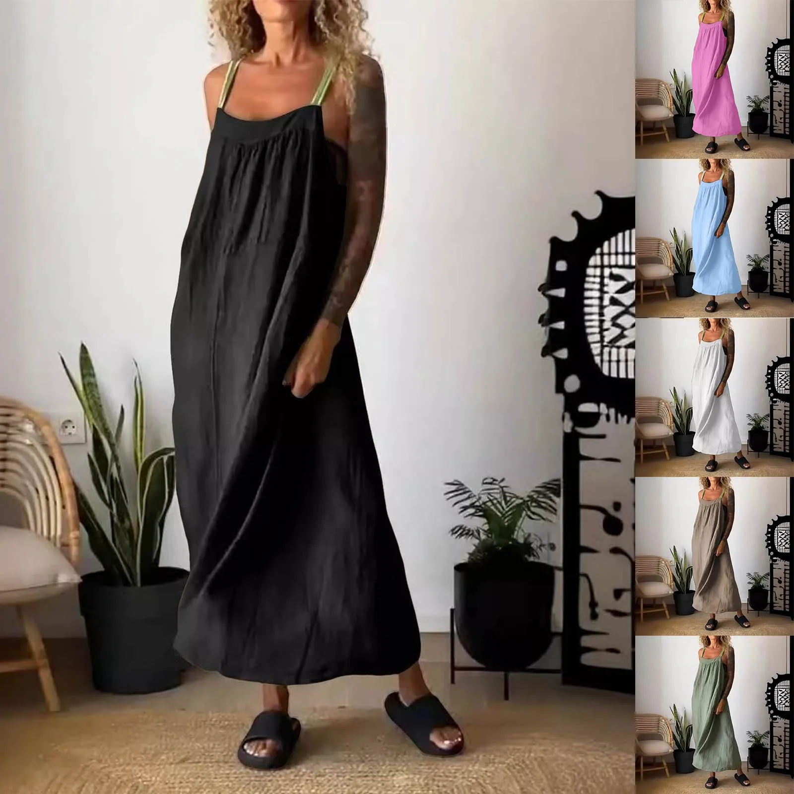 Casual Loose Toned Dress Ankle-length Dress Ladies Breathable Camisole Dress Summer Women Beach Long Dress Party Club Dress