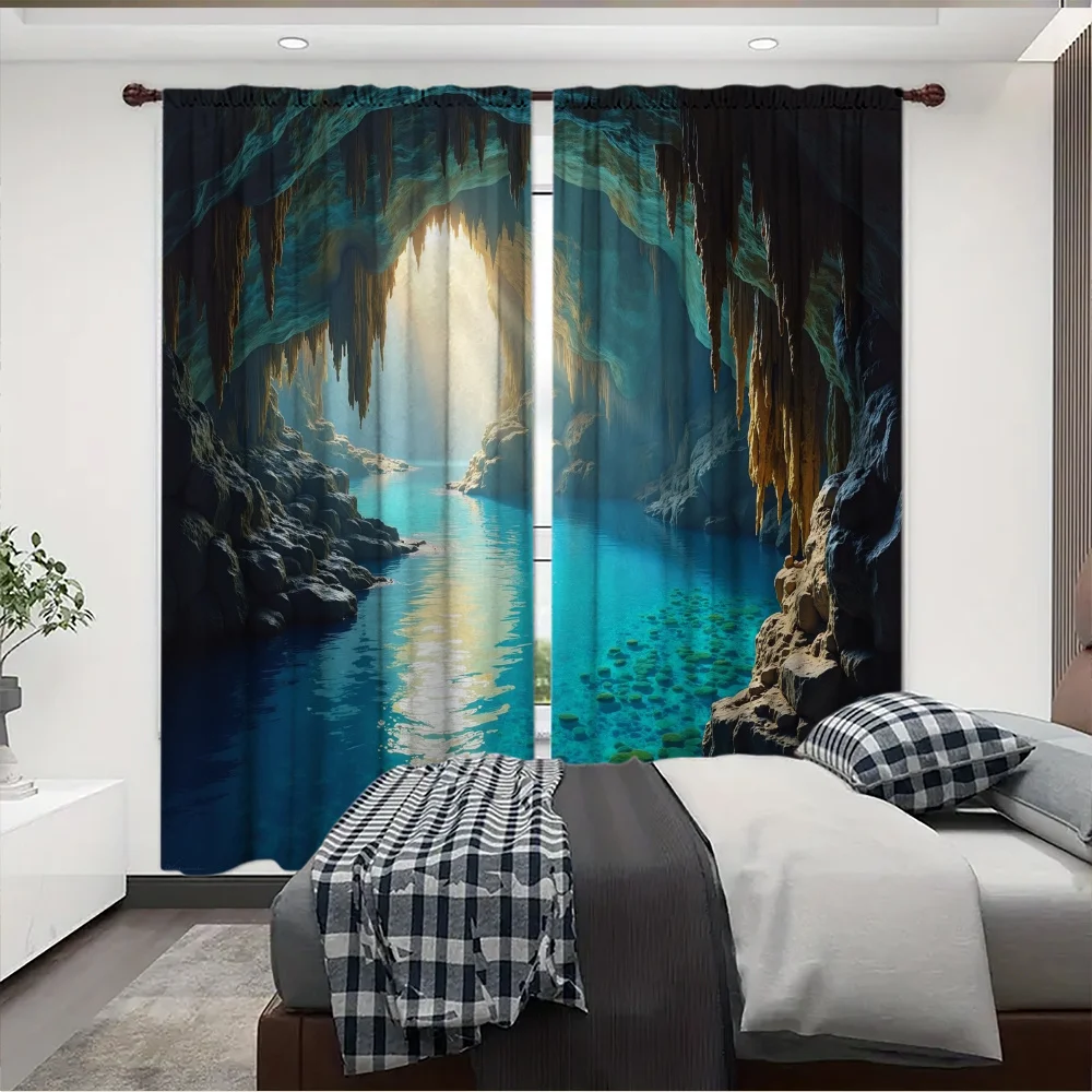 Blue Underwater Cave Curtains Tropical Cenote Sunlight Room Decor Waterproof Window Drapes Luxury Scenic Aesthetic Home Hanging