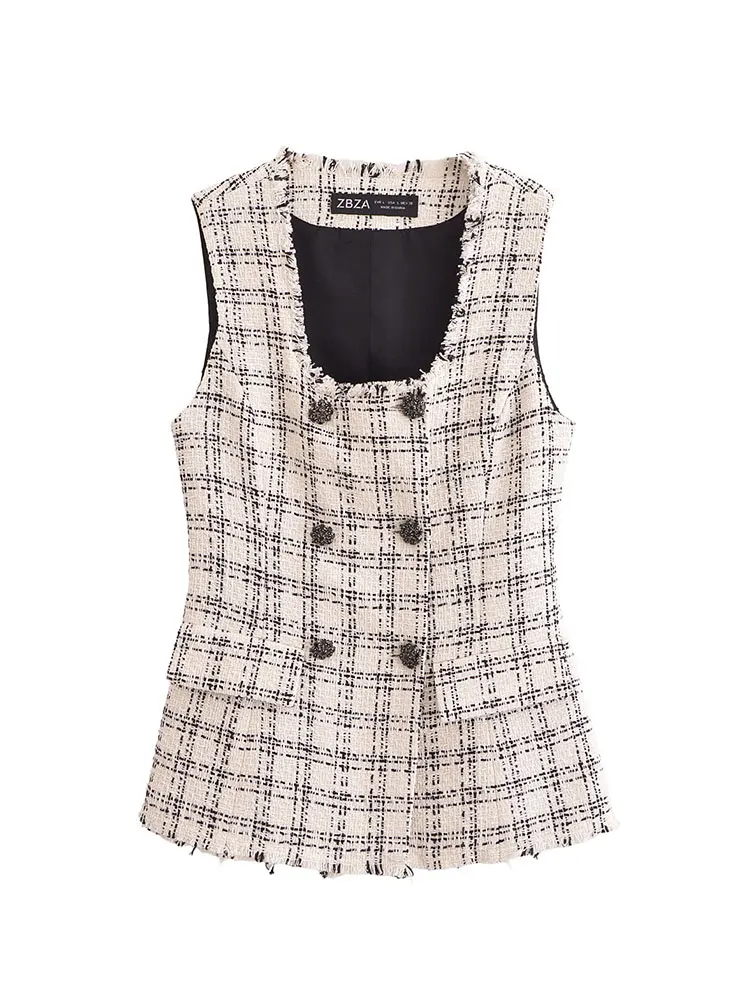 

TRAFZA 2024 Autumn Plaid Vest For Women Fashion New Sheath Double Breasted Suit Waistcoat Tops Female Wild Women's Tank Top