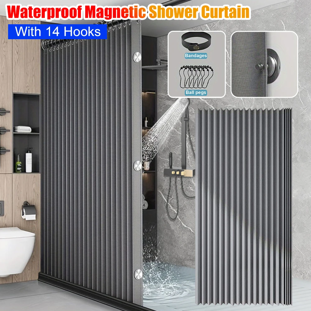 

Foldable Magnetic Shower Curtain With 14 Hooks Waterproof Fabric Bath Curtains Privacy Invisible Bathroom Dry And Wet Divider