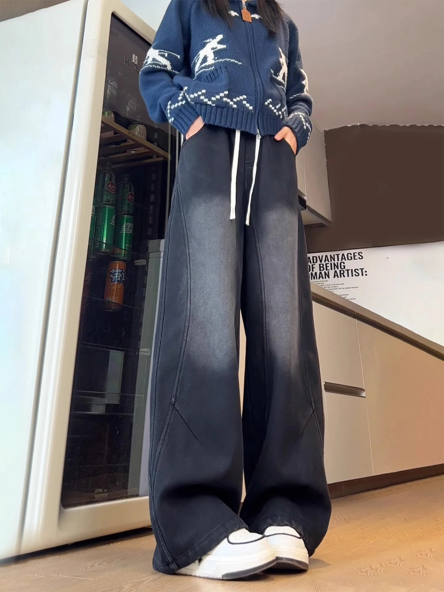 

Waed Bla Denim Jeans Men's Autumn Winter Fce Elastic Waist Straight Leg Wide Leg Pants American Retro Sle Casual Jeans
