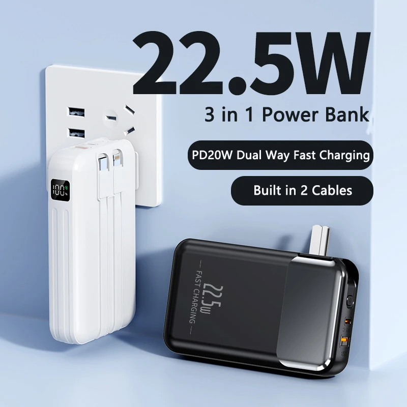 Power Bank 20000mAh Built in Cable Plug Wall Charger Powerbank 22.5W Fast Charging for iPhone 16 Samsung Xiaomi External Battery