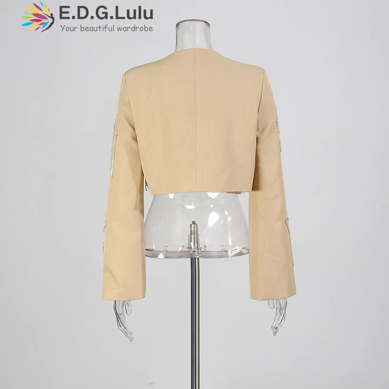 EDGLuLu Giacca da abito corta a maniche lunghe + Pantaloni a gamba larga a gamba dritta a vita alta Abito con giunture con intarsio di diamanti Set da due pezzi 0824