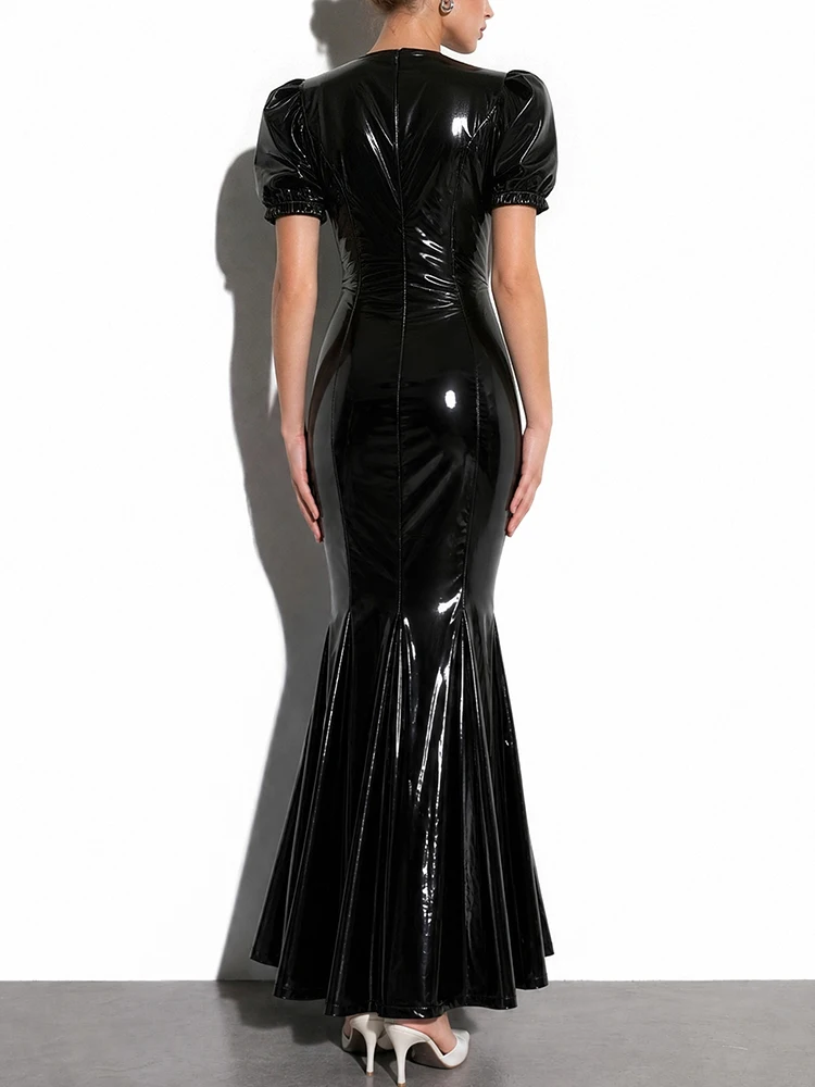 Damen Elegante Fischschwanz-Kleider aus Glattem Elastischem Kunstleder, Sexy Schöne Glänzende PU-Party- und Datekleider – Detail 4