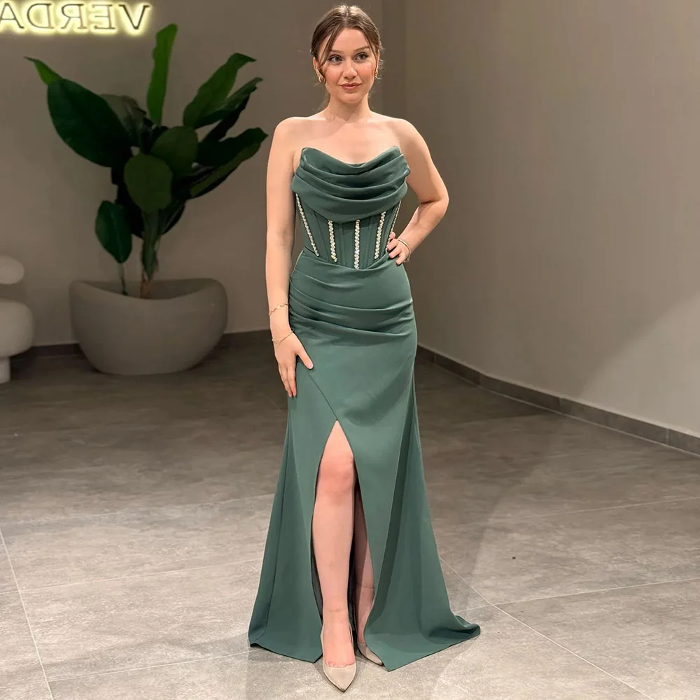 

Vanessa Dark Green Pleats Strapless Evening Dresses Women Elegant Side Slit Sleeveless Jersey Straight Party Prom Gowns 2026