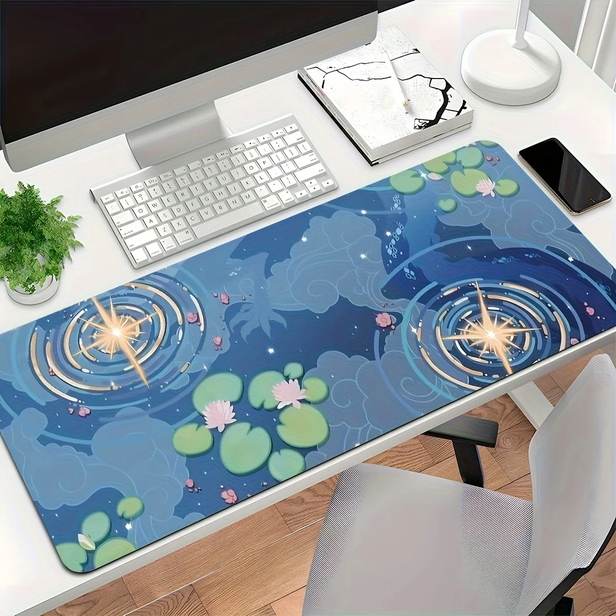 Extra Large Gaming Mouse Pad, Rubber Desk Mat, Blue Pond Design with Water Lilies Pattern, Suitable for Office and Esports