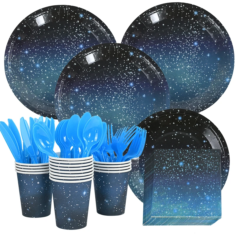 Starry Sky Theme Disposable Tableware Star Galaxy Tablecloth Paper Plate Cups Gift Bags For Space Planet Birthday Party Supplies