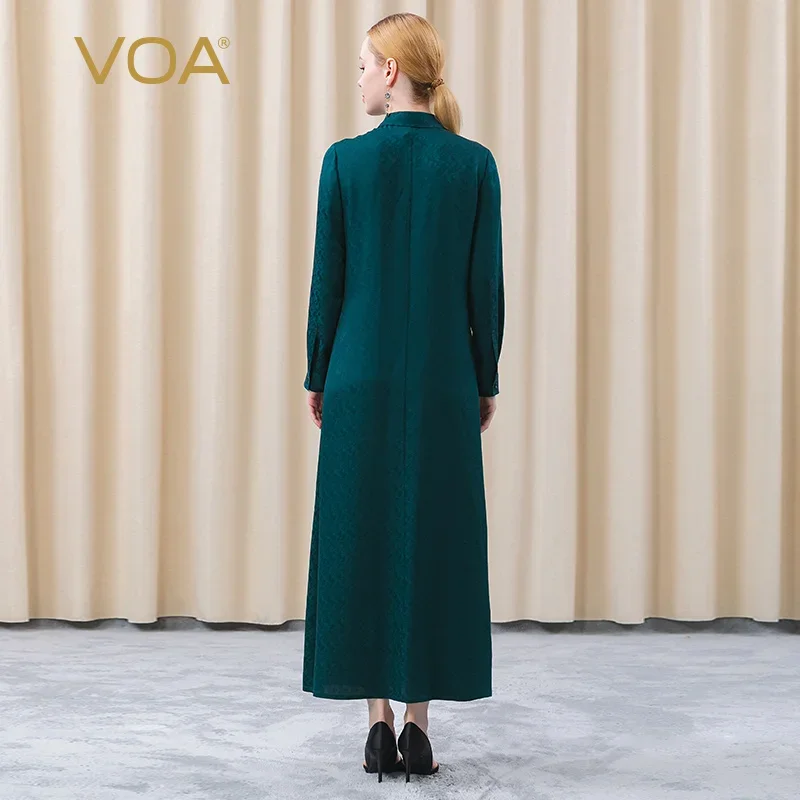 VOA Silk Jacquard Olive Green Embroidery Craft Long Sleeve Dress халат настоящий шелк Stripe Splicing Shirt Dresses Women AE598