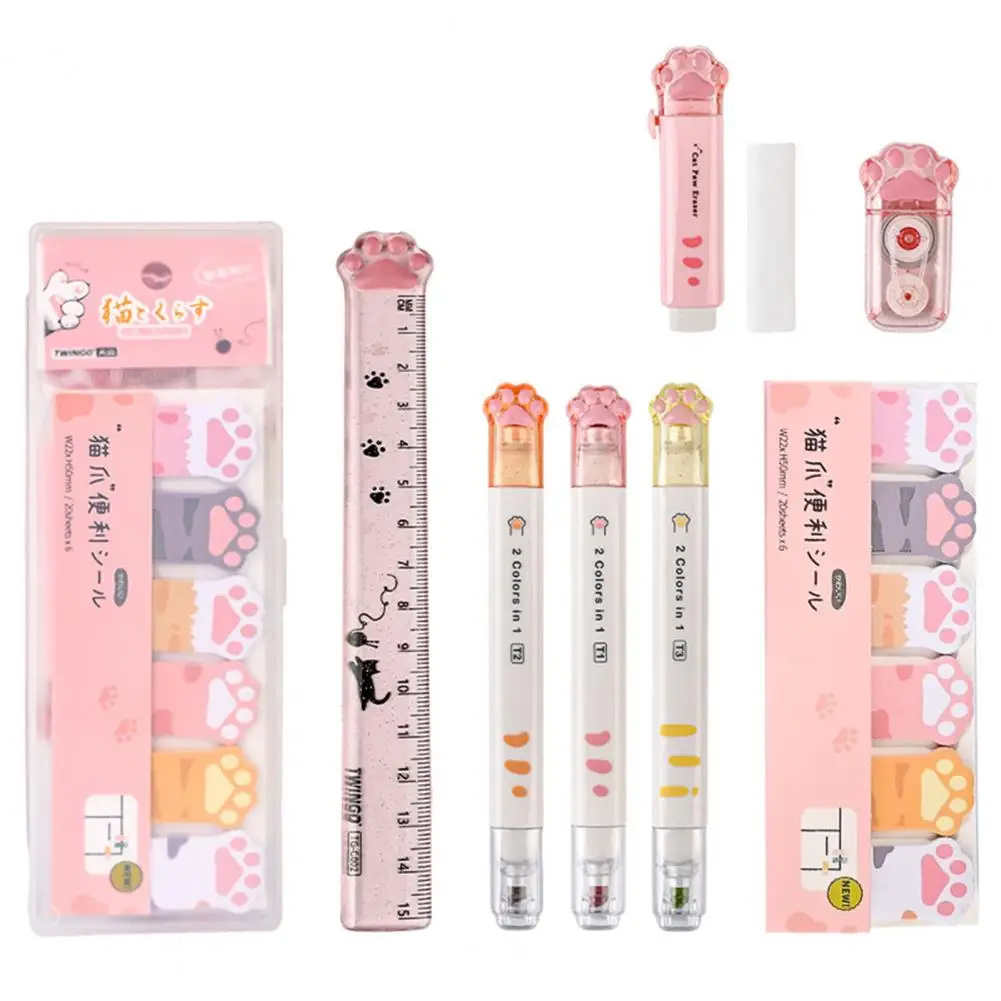 Cat Paw Stationery Set Memo Pad Rubber Ruler Learning Cartoon Stationery Set Cute Stickers School Office Writing Supplies Gift