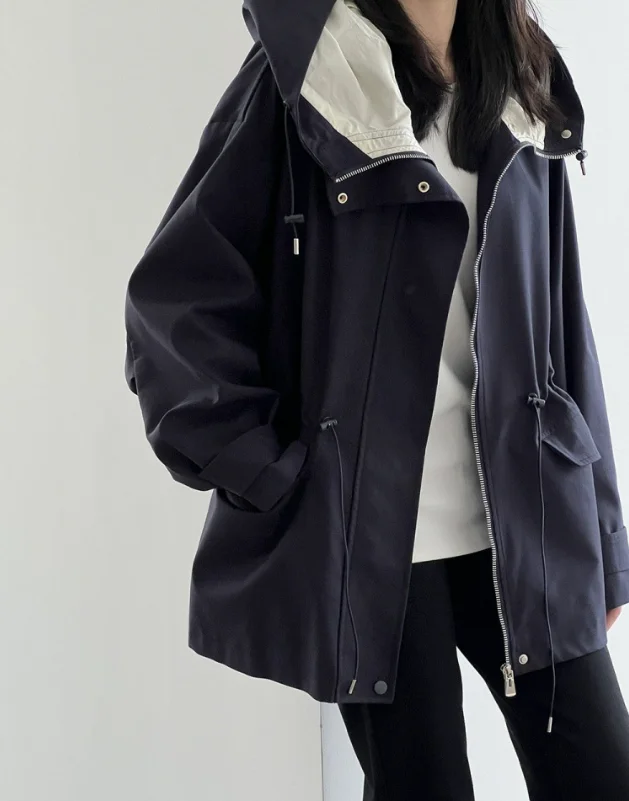 Urban Style Hooded Windbreaker Jacket for Women 2024 Autumn Winter Solid Color Temperament Commuting Jacket Coat