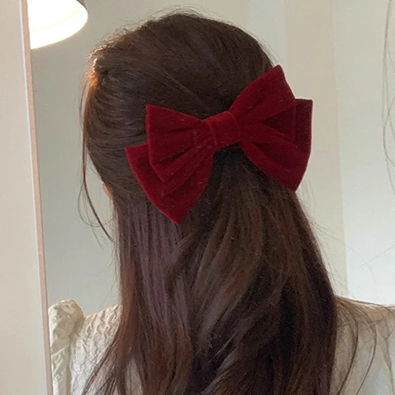 Black Red Velvet Bow Hair Pins Elegant Fabric Hair Clips Rubber Band for Women Fashion Ponytail Barrette Heawear Accessories