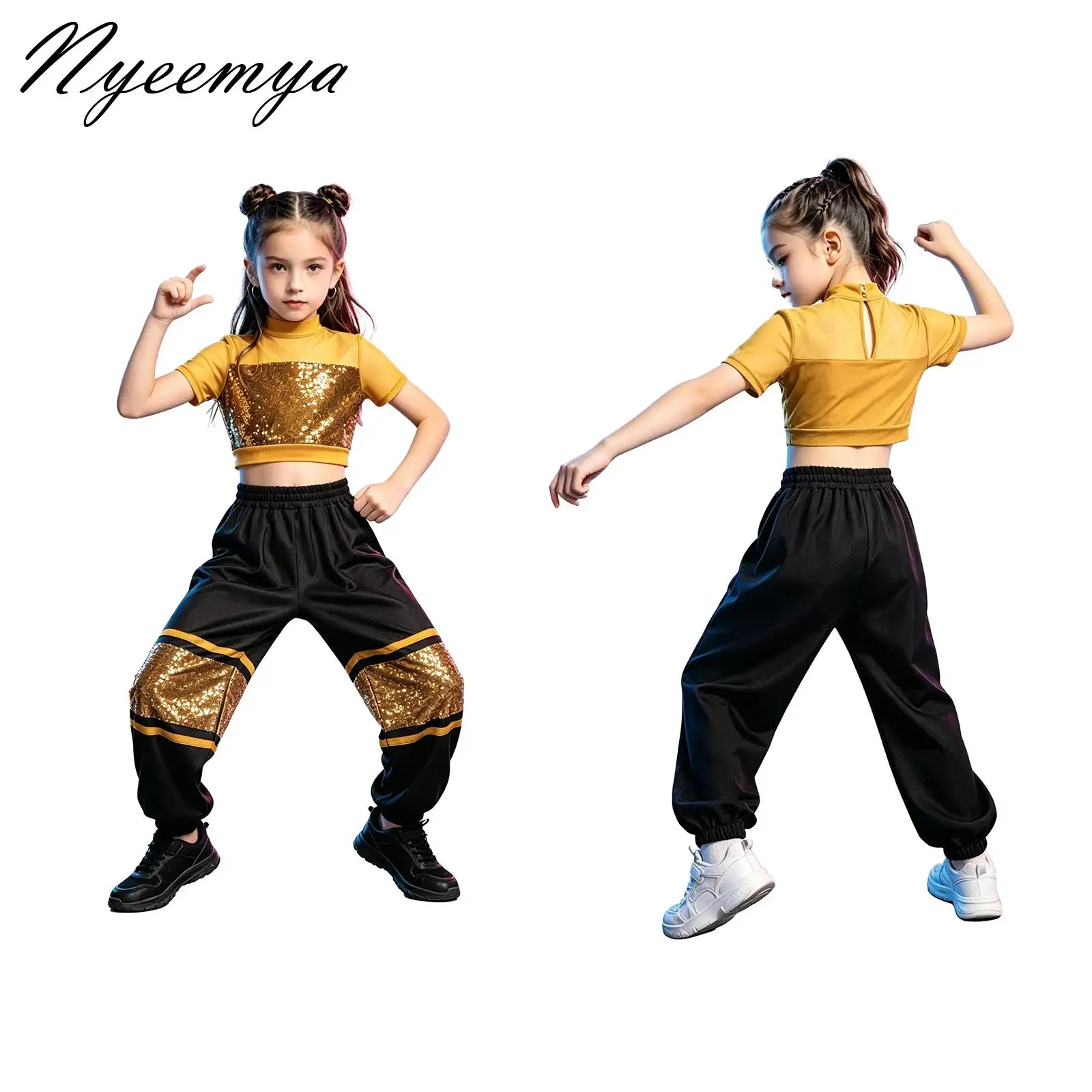 

Kids Jazz Street Dance Costume Sparkly Sequins Crop Top with Pants Clothes Set Boys Girls Hip Hop Runways School Show Outfit