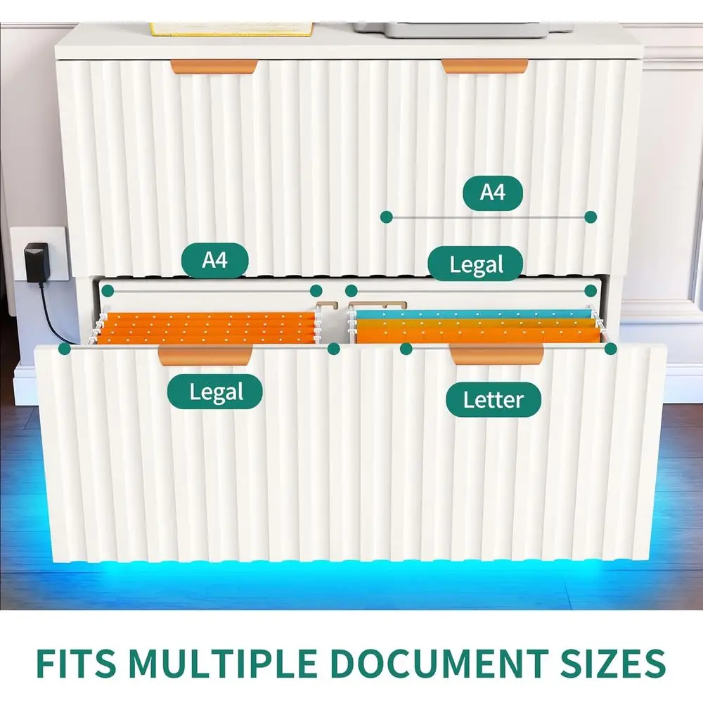 Contemporary White LED-lit 2-Drawer File Cabinet for Home Office Storage