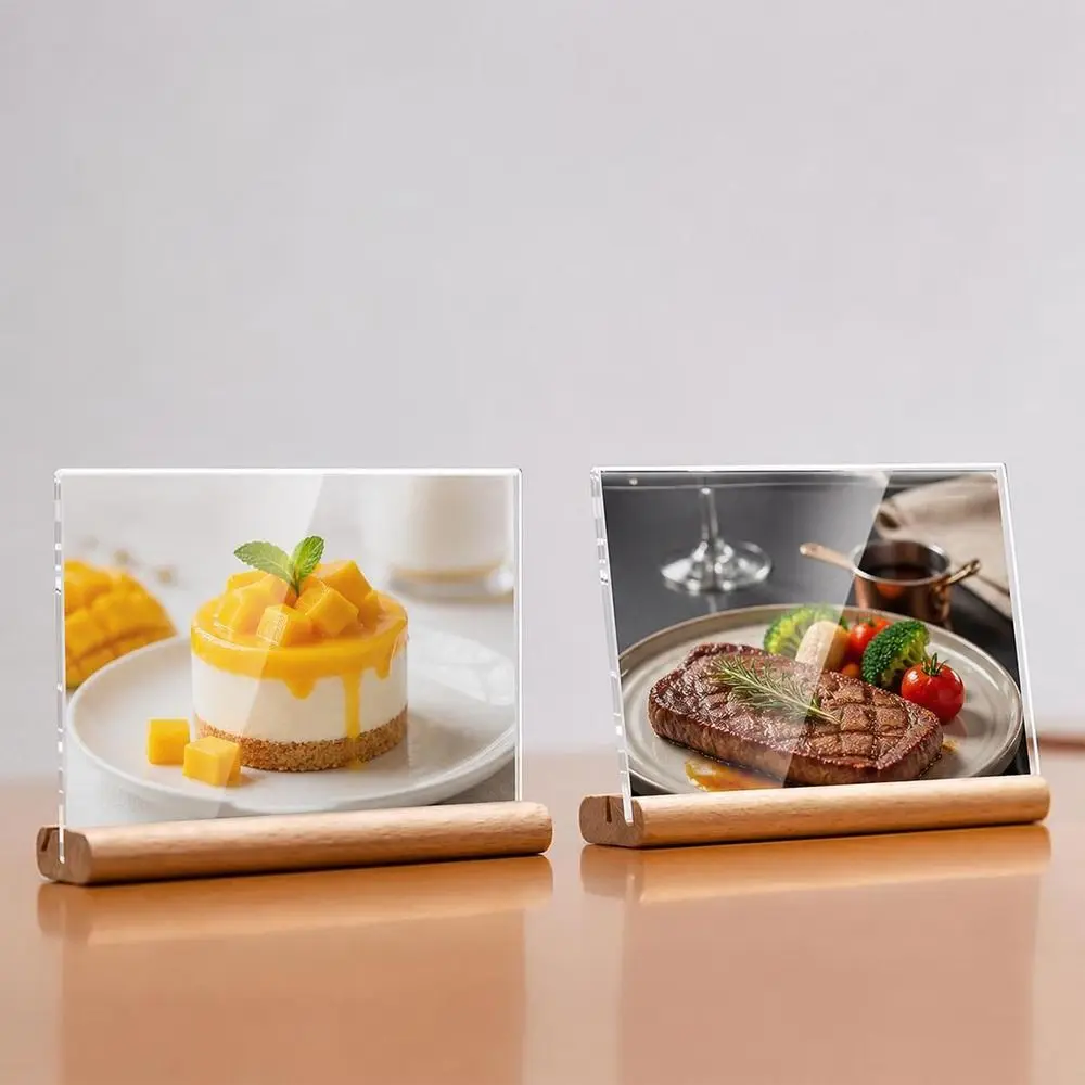 Transparent Acrylic Table Sign Card Holder Solid Wood Base Vertical Standing Acrylic Sign Holder Beech Wood Material