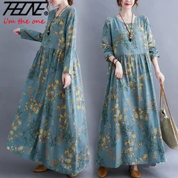 Women's Dress Autumn Winter Cotton Linen Robe Vestidos Maxi Print Vintage Loose Bohemian Long Sleeve Floral O Neck Pullover