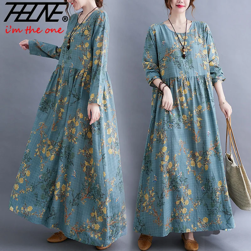 Women's Dress Autumn Winter Cotton Linen Robe Vestidos Maxi Print Vintage Loose Bohemian Long Sleeve Floral O Neck Pullover