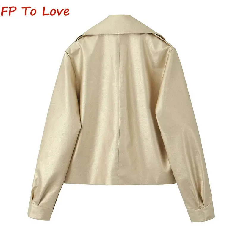 Y2K 2023 Autumn Winter Street Hipster Long Sleeve Lapel Silver Leather Jacket Loose Gold PU Personalised Jacket Women