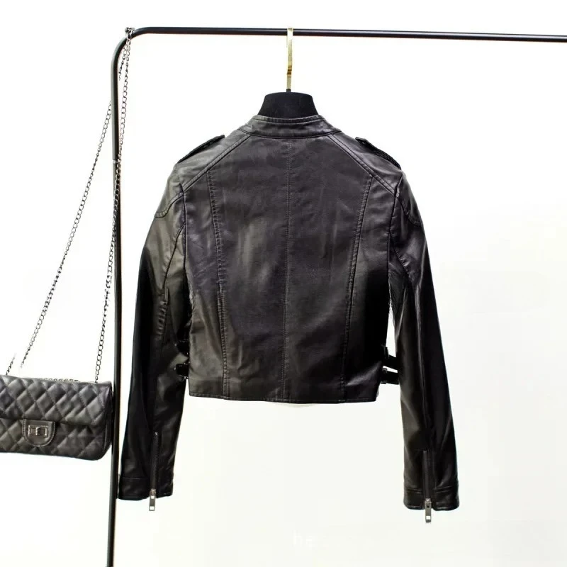 2025 Spring Womens Short Slim Fit Stand Collar Motorcycle Jacket Washed Small Leather Jacket Coat