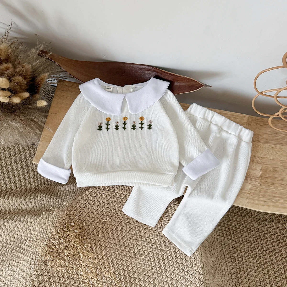 Baby Girl Cotton Set Fall Winter Small Flower Embroidered Lapel Sweatshirt Pants Children Daily Clothing Toddler Outfit 1-3 Year