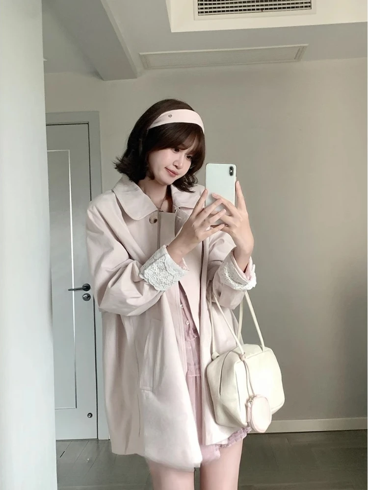 เสื้อโค้ทสีชมพูอ่อนสไตล์ฝรั่งเศสสำหรับฤดูใบไม้ร่วง ดีไซน์ลูกไม้หวานๆ สไตล์ Y2K เสื้อแจ็คเก็ตผู้หญิง ดีไซน์เกาหลีสุดชิค  เสื้อผ้ายอดนิยม