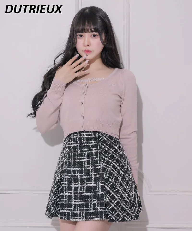 

Japanese Spring Mine Mass-Produced Soft Girl High Waist Two-Piece Suit Sweet Bottoming Sling and Short Sweater Cardigan