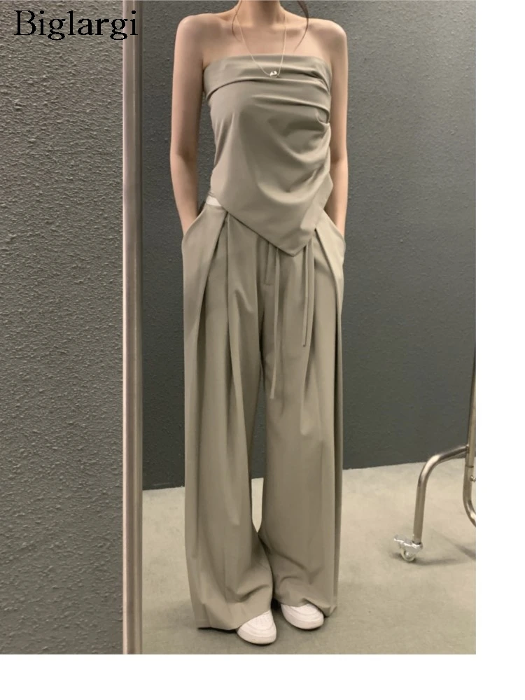 

Summer 2 Two Piece Set Women Irregular Pleated Fashion Slim Ladies Sleeveless Tops High Waist Loose Wide Woman Blazer Suit Pant