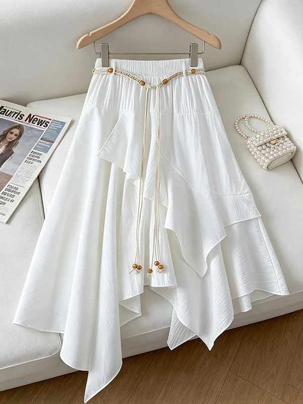 

plus Size Women's Summer New Style White Asymmetrical Midi Skirt Flared Skirts Versatile Slimming Korean Style Loose Fit