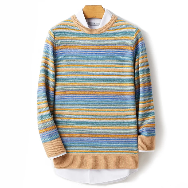 

New 100% woolen sweater for young men in autumn and winter, thick sweater, warm stripe, loose casual knitted bottoming coat.