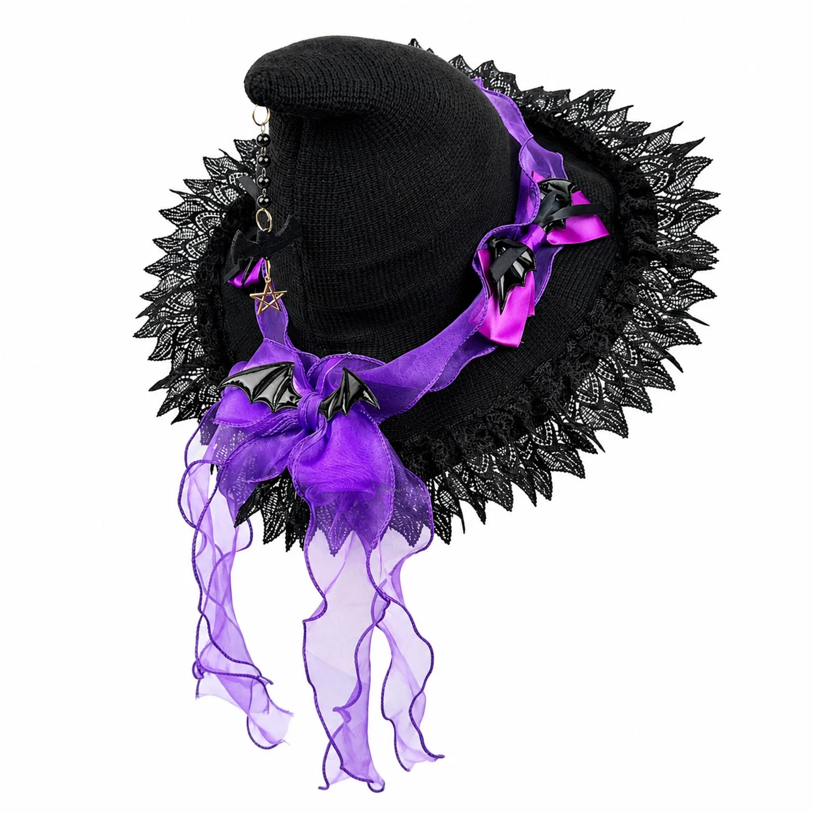 Women Gothic Ruffled Ribbon Bow Lace Witch Hat Halloween Bat Pentagram Decor Lolita Vampire Cosplay Costume Accessories