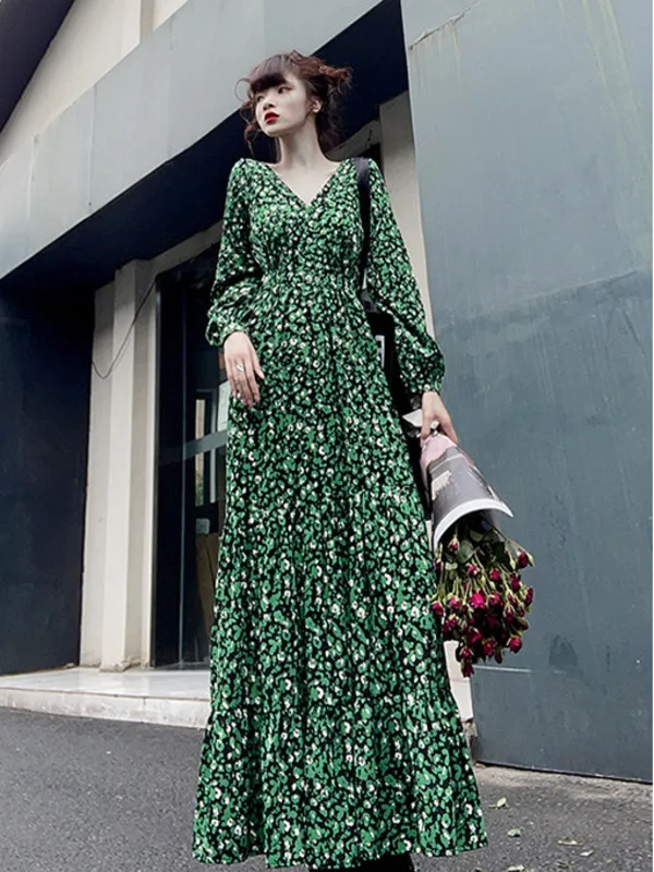 Green floral long sleeved dress new chiffon long style ankle length French waistband slimming effect oversized long dress 4SB8