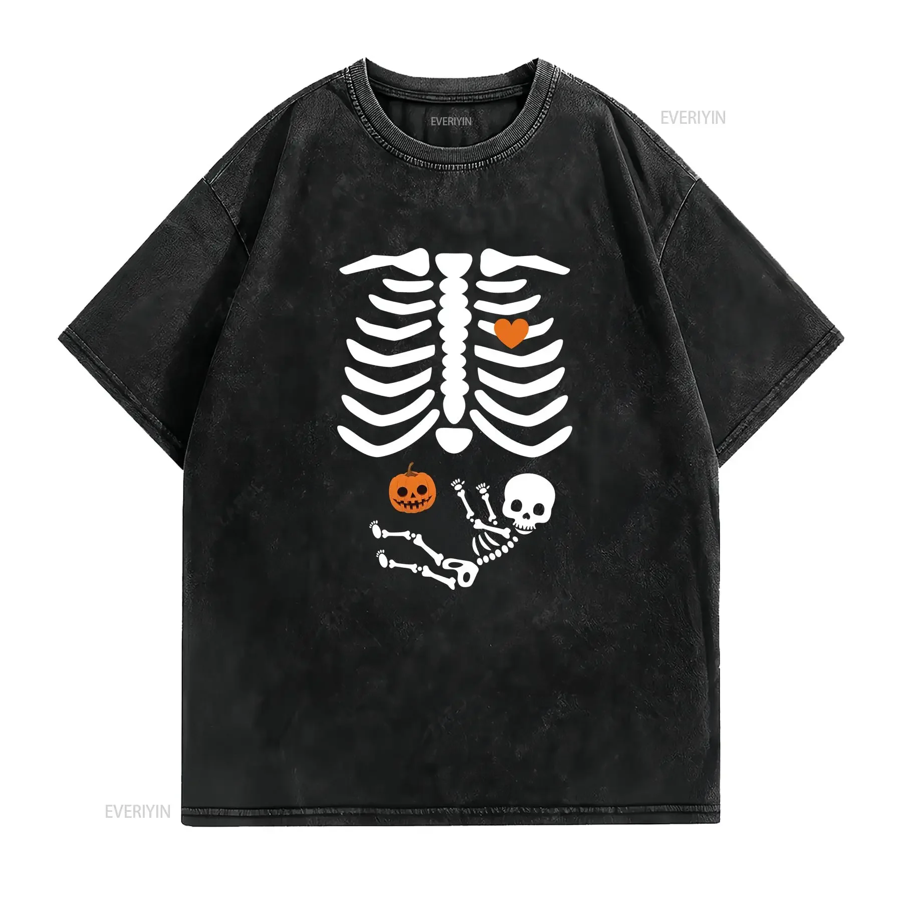 Skeleton Maternity Halloween T Shirt Pregnant Pregnancy Outfit vintage Washed Top For Everyday Wear Versatile Stylish