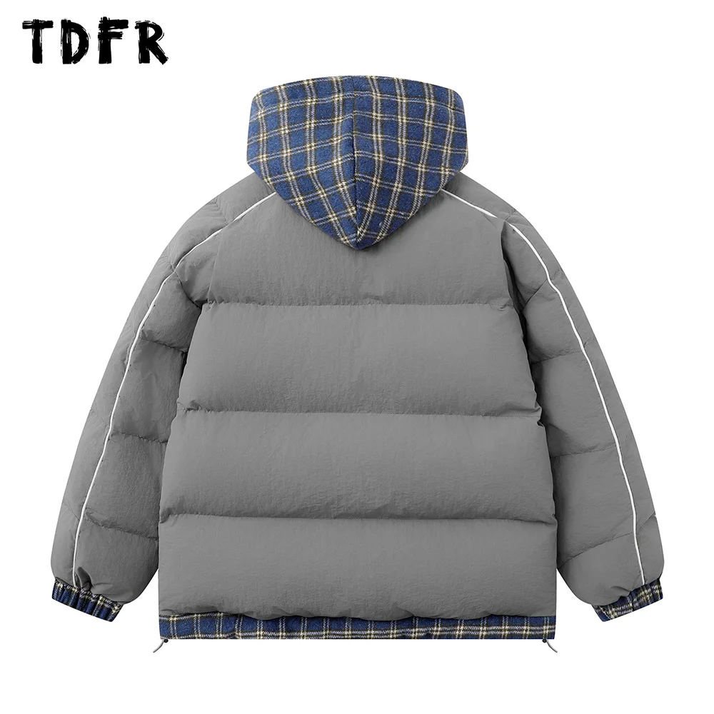 Fake Two Pieces Padded Jacket Mens Spliced Winter Thick Streetwear Drawstring Hem Loose Hooded Bread Jacket Men