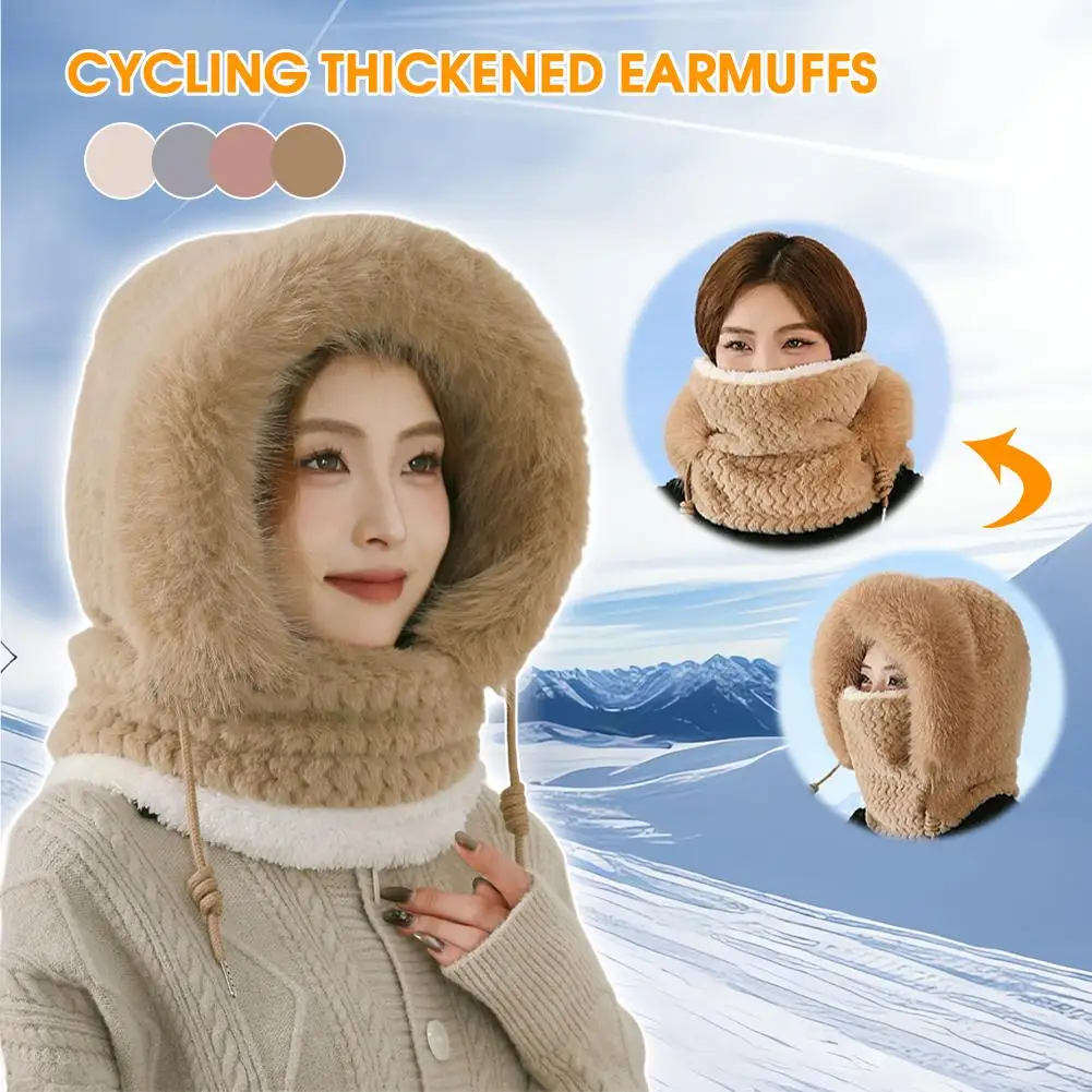 قبعة شتوية جديدة من القطيفة للنساء بغطاء رأس سميك دافئ مع قناع وشاح لحماية الأذن، قبعة حرارية مقاومة للرياح لركوب الدراجات في الهواء الطلق #3