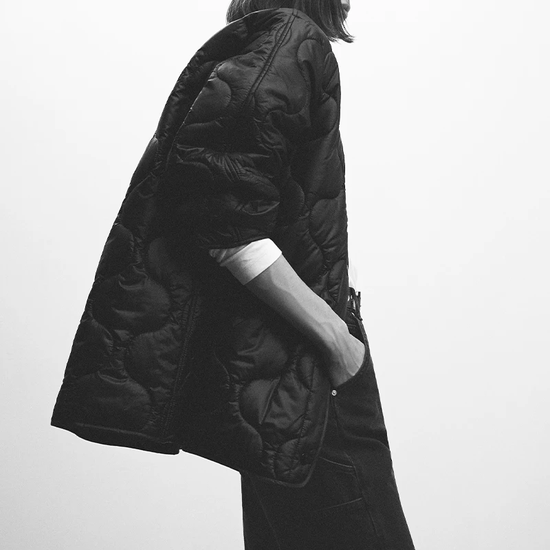 Women's Winter Quilted Cotton Jacke Long Sleeve Button Up Casual High Street Outerwears Black Coat Female Clothing With Pockects