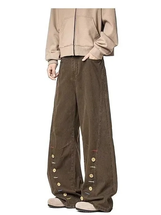 

Vintage High Street Men's Casual Cotton Jeans with Button Workwear Design American Sle Waed Splicing Straight Leg Pants
