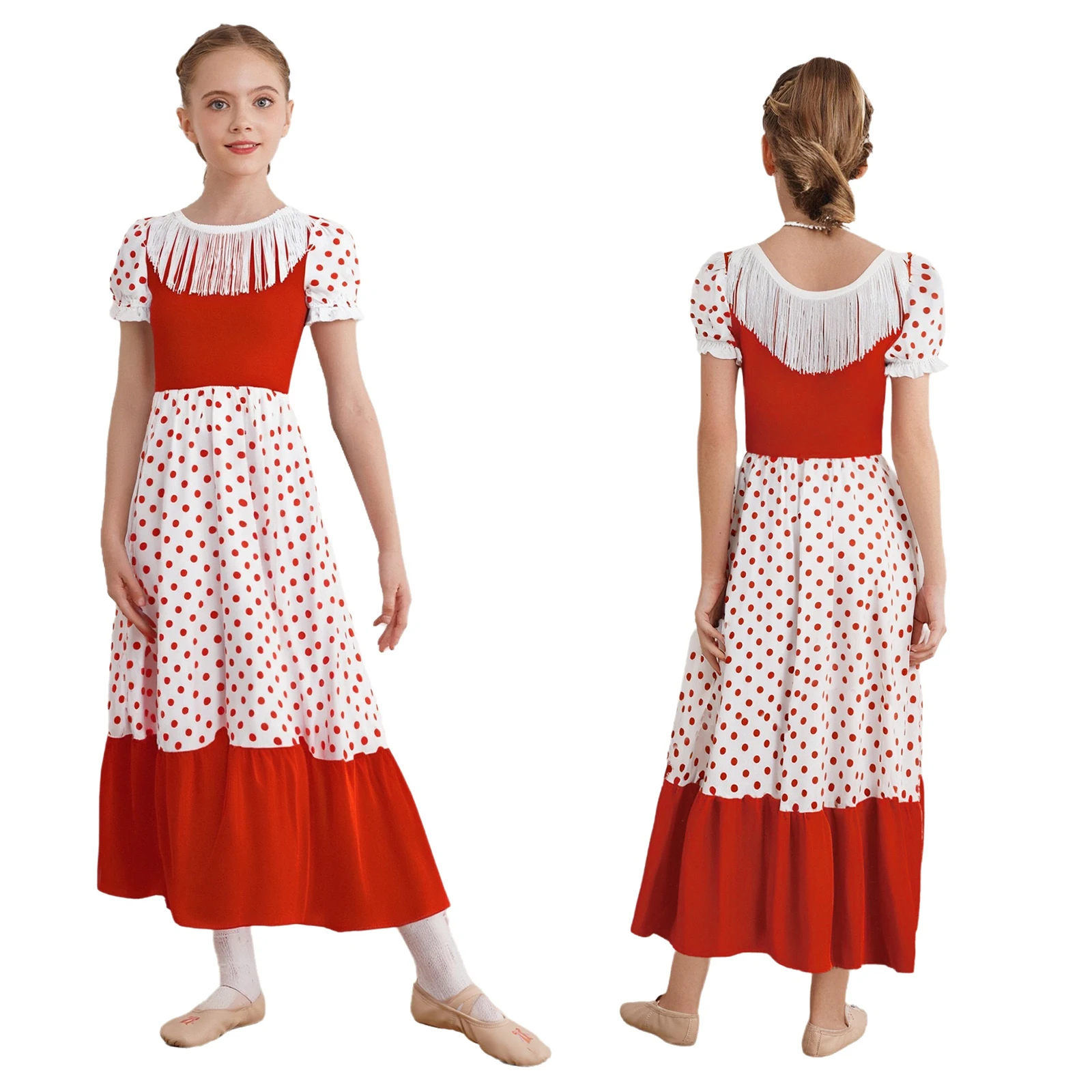 Crianças meninas dança de flamenco halloween desempenho traje borlas mangas curtas puff pontos cor bloco vestido para palco mostrar festa